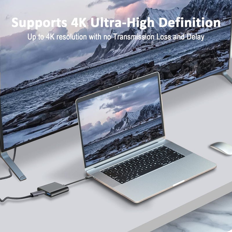 مُحول USB C: محور متعدد المنافذ 3 في 1 بلون أسود بالغلاف من الألومنيوم - خروج HDMI بدقة 4K UHD، نقل بيانات USB 3.0 بسعة 5 جيجابت في الثانية، قابل للتوصيل والاستخدام فورًا، شحن سريع، لـ أجهزة MacBook و Chromebook وأجهزة المحمولة والهواتف التي تعمل بمنفذ USB C - Image 3