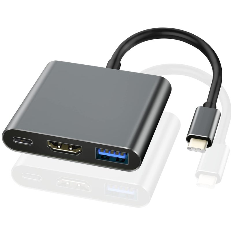 مُحول USB C: محور متعدد المنافذ 3 في 1 بلون أسود بالغلاف من الألومنيوم - خروج HDMI بدقة 4K UHD، نقل بيانات USB 3.0 بسعة 5 جيجابت في الثانية، قابل للتوصيل والاستخدام فورًا، شحن سريع، لـ أجهزة MacBook و Chromebook وأجهزة المحمولة والهواتف التي تعمل بمنفذ USB C - Image 1