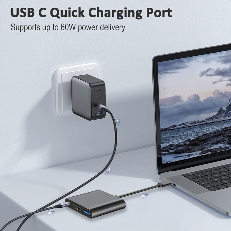مُحول USB C: محور متعدد المنافذ 3 في 1 بلون أسود بالغلاف من الألومنيوم - خروج HDMI بدقة 4K UHD، نقل بيانات USB 3.0 بسعة 5 جيجابت في الثانية، قابل للتوصيل والاستخدام فورًا، شحن سريع، لـ أجهزة MacBook و Chromebook وأجهزة المحمولة والهواتف التي تعمل بمنفذ USB C - Image 5