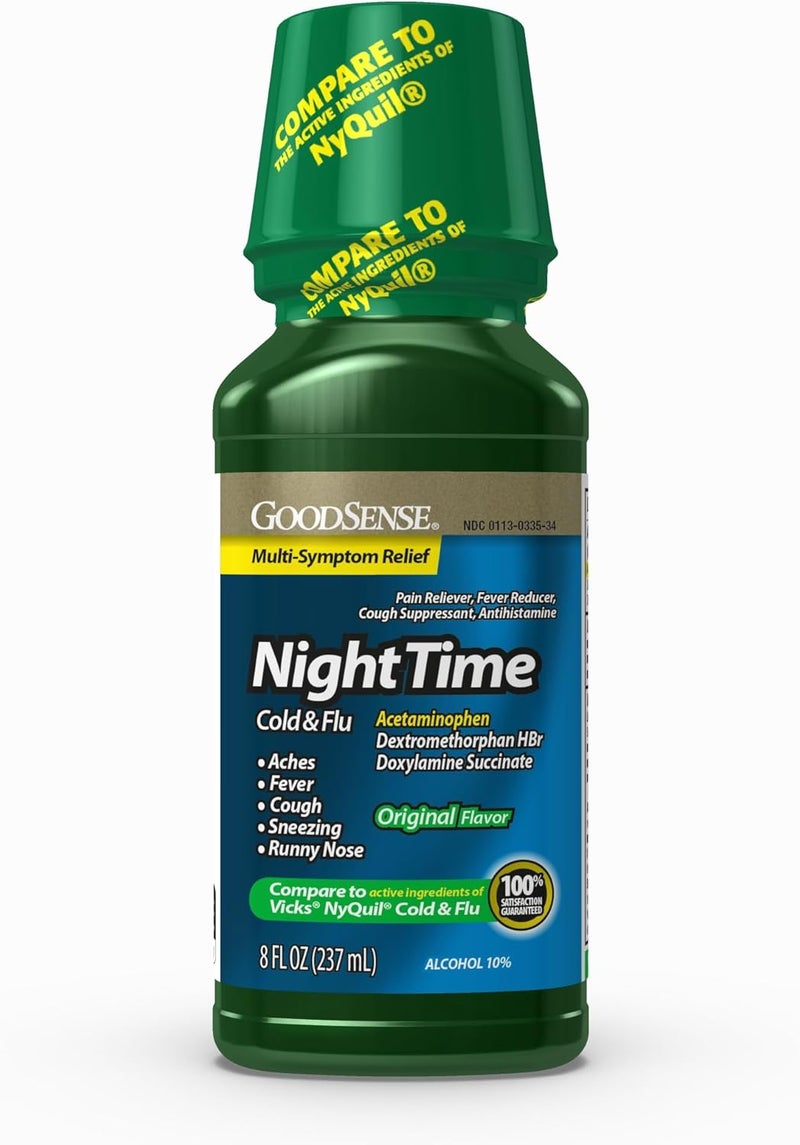 GoodSense Nighttime Cold  Flu Relief Pain Reliever Fever Reducer Cough Suppressant  Antihistamine Effective MultiSymptom Relief 8 Fl Oz Green - Image 1