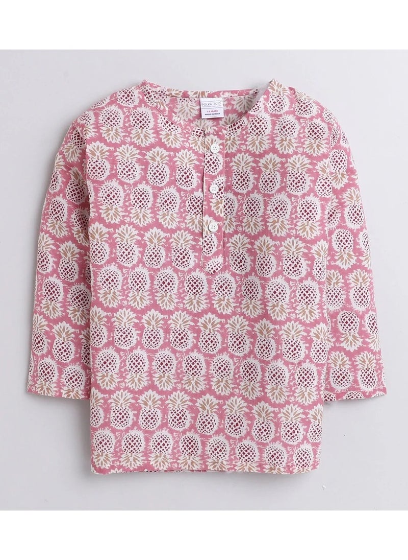 Polka Tots Polka Tots Full Sleeves Night Wear Pineapple Kurta Pyjama - Pink  - Image 2