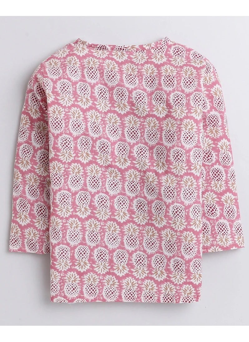 Polka Tots Polka Tots Full Sleeves Night Wear Pineapple Kurta Pyjama - Pink  - Image 3