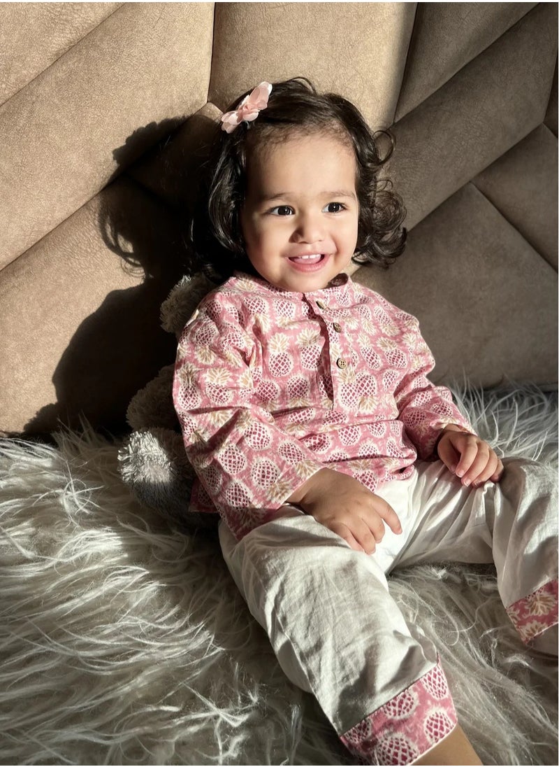 Polka Tots Polka Tots Full Sleeves Night Wear Pineapple Kurta Pyjama - Pink  - Image 5