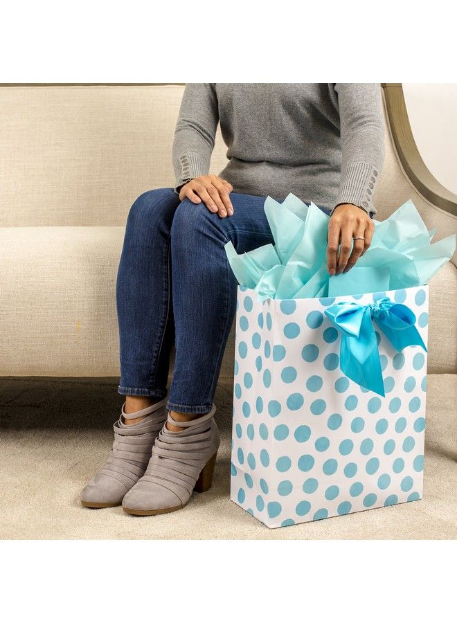 Hallmark 15" Extra Large Gift Bag With Tissue Paper Blue Polka Dots And Bow For Baby Showers Birthdays Bridal Showers And More - Image 3