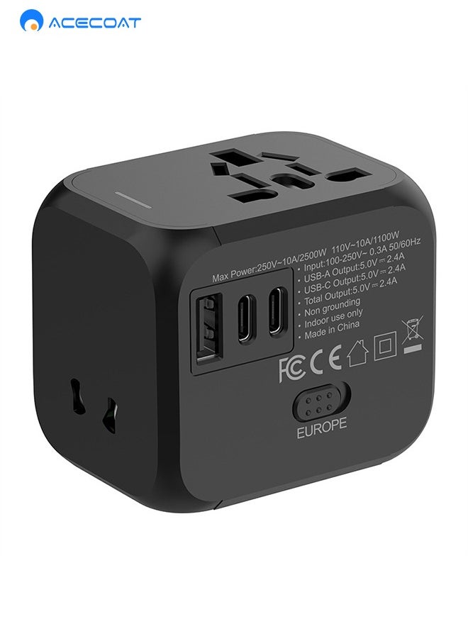 ايسكوت - محول سفر عالمي، محول قابس عالمي 2.4 امبير، 2 منافذ USB C و1 USB، محول طاقة للسفر في جميع أنحاء العالم، محول منفذ شاحن حائط الكل في واحد لأوروبا والمملكة المتحدة والاتحاد الأوروبي واستراليا - Image 1