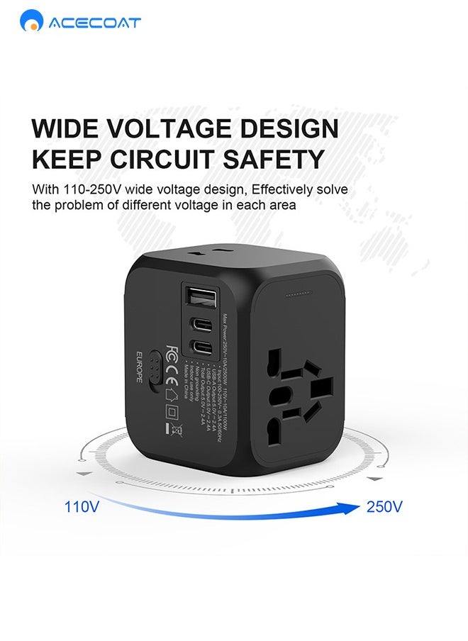 ايسكوت - محول سفر عالمي، محول قابس عالمي 2.4 امبير، 2 منافذ USB C و1 USB، محول طاقة للسفر في جميع أنحاء العالم، محول منفذ شاحن حائط الكل في واحد لأوروبا والمملكة المتحدة والاتحاد الأوروبي واستراليا - Image 1