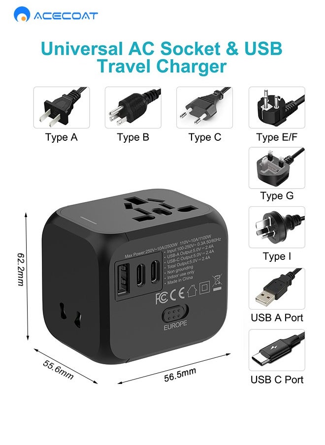 ايسكوت - محول سفر عالمي، محول قابس عالمي 2.4 امبير، 2 منافذ USB C و1 USB، محول طاقة للسفر في جميع أنحاء العالم، محول منفذ شاحن حائط الكل في واحد لأوروبا والمملكة المتحدة والاتحاد الأوروبي واستراليا - Image 1