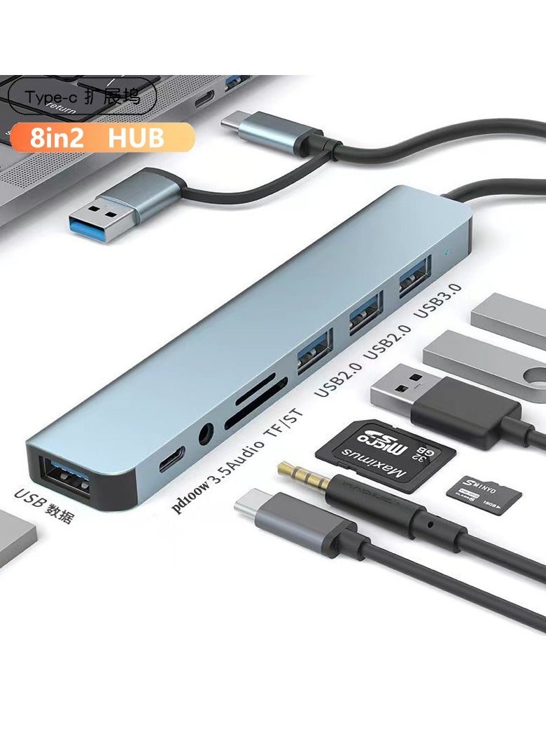 USB 3.0 & Type-C to 8-Port Hub – USB 3.0 x1 + USB 2.0 x3 + TF/SD Card Reader + Type-C Data + 3.5mm Audio Port – Multiport Adapter for Laptop, Phone, Tablet – Aluminum Shell, 135mm Cable – Boxed - Image 1