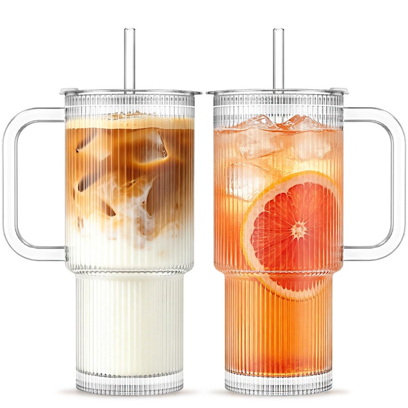 INSETLAN 24oz Ribbed Glass Tumbler with Handle Lid 2Pack Large Iced Coffee Cups with Straws Modern Glass Mug for Cold Hot Beverages Aesthetic Travel Cup for Smoothies Tea and Juice - Image 2