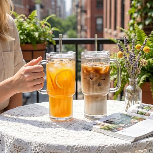 INSETLAN 24oz Ribbed Glass Tumbler with Handle Lid 2Pack Large Iced Coffee Cups with Straws Modern Glass Mug for Cold Hot Beverages Aesthetic Travel Cup for Smoothies Tea and Juice - Image 3