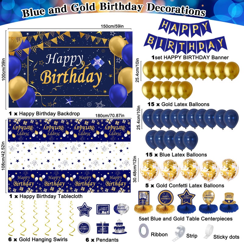 Halema Blue and Gold Birthday Decorations, Brithday Party Decorations for Men Boys Women Girls with Blue Gold Happy Birthday Banner Decorations Tablecloth Backdrop Balloons Arch Bady Party Supplies - Image 2