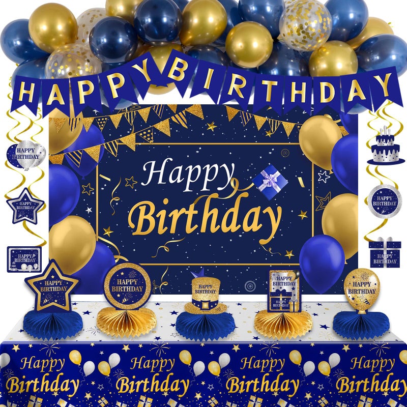 Halema Blue and Gold Birthday Decorations, Brithday Party Decorations for Men Boys Women Girls with Blue Gold Happy Birthday Banner Decorations Tablecloth Backdrop Balloons Arch Bady Party Supplies - Image 1