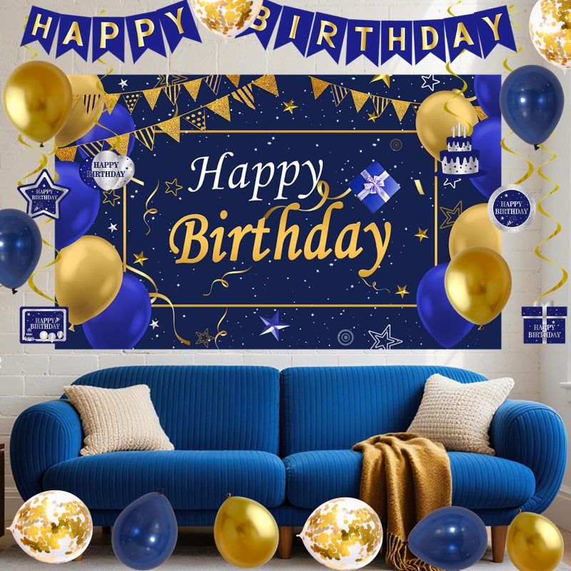 Halema Blue and Gold Birthday Decorations, Brithday Party Decorations for Men Boys Women Girls with Blue Gold Happy Birthday Banner Decorations Tablecloth Backdrop Balloons Arch Bady Party Supplies - Image 4