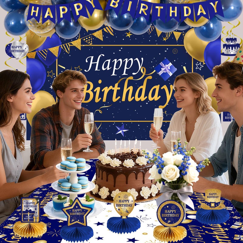 Halema Blue and Gold Birthday Decorations, Brithday Party Decorations for Men Boys Women Girls with Blue Gold Happy Birthday Banner Decorations Tablecloth Backdrop Balloons Arch Bady Party Supplies - Image 3