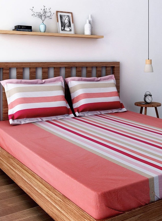 Swayam 100% Cotton Double Bedsheet with 2 Pillow Covers | 240 TC Soft Breathable Bed Sheet | Striped Printed | Size 90 x 108 inch | Comfortable & Durable for Bedroom - Peach - Image 1