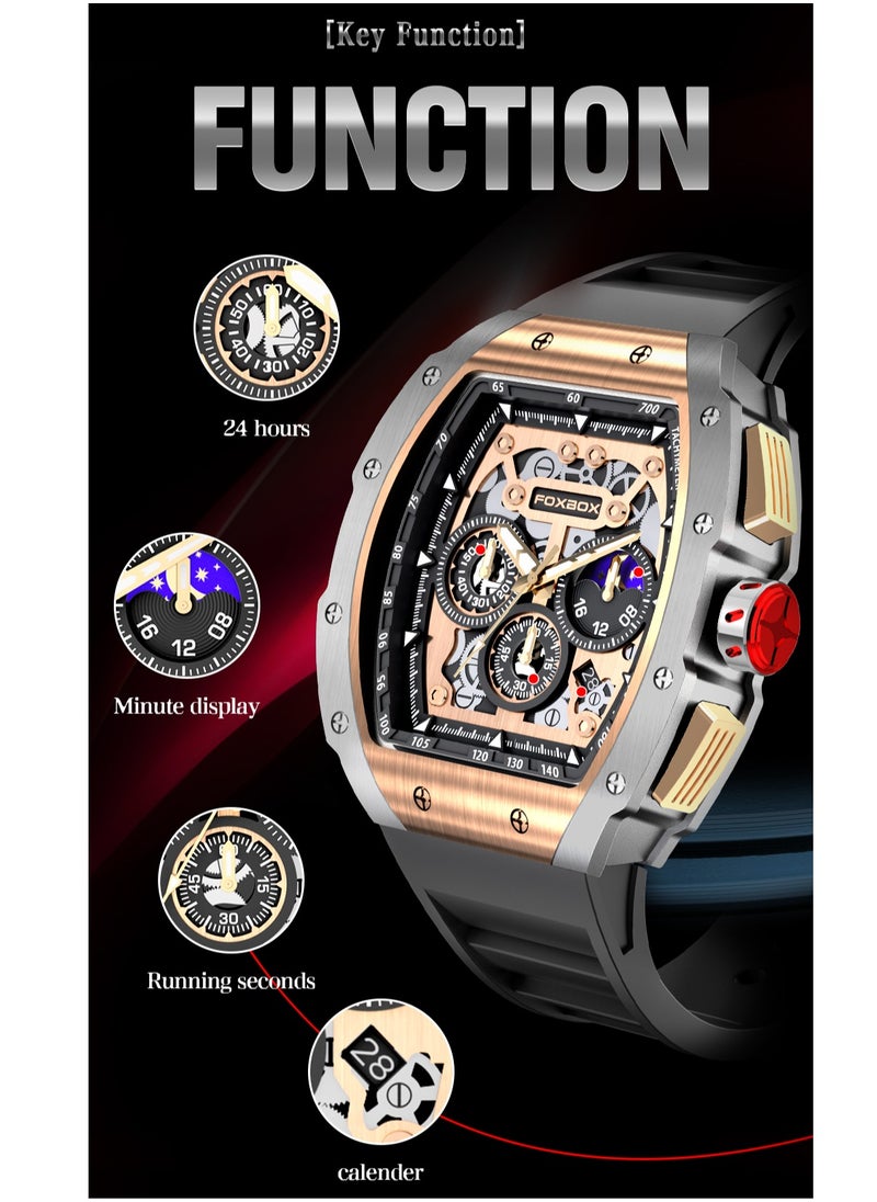 FOXBOX Men's Casual Luxury Waterproof Quartz Wrist Watch For Date Sport Business Watches Silicone Band with Rose Gold  - Image 5