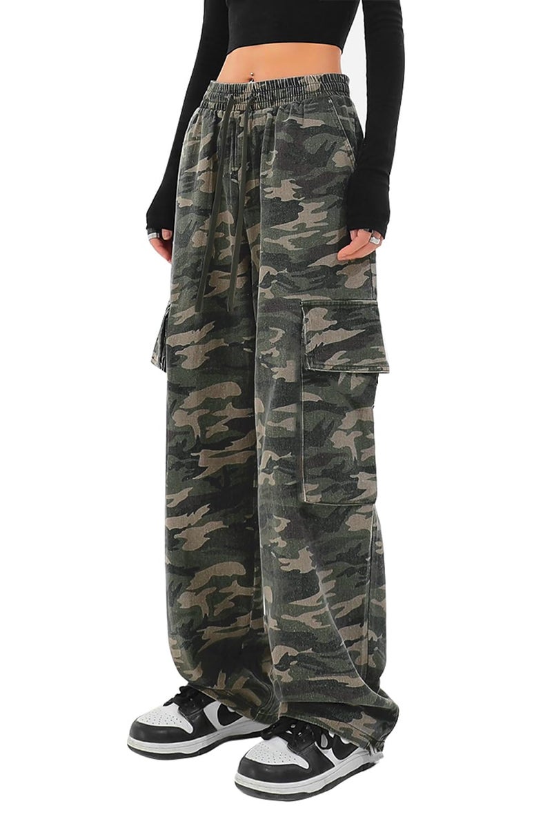 SESERAGI Cargo Pants Women Baggy Streetwear Y2K Drawstring Trousers Wide Leg Pants Camouflage L - Image 1