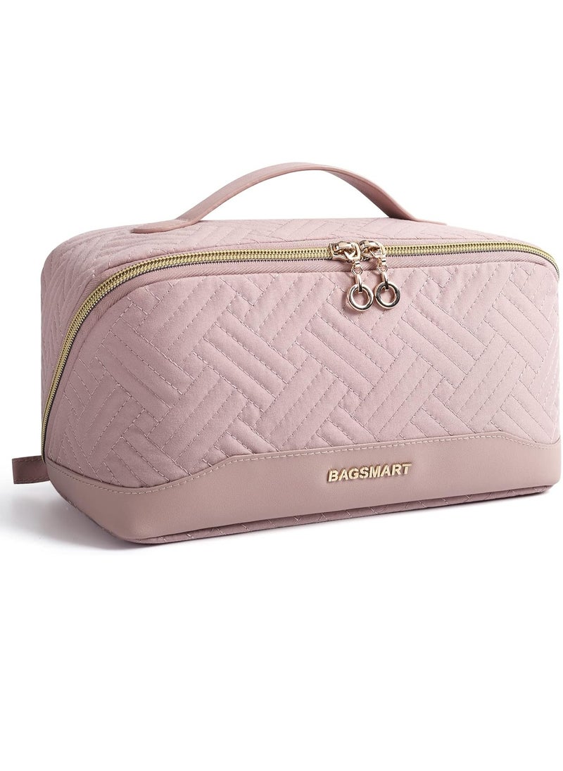 BAGSMART BAGSMART Travel Makeup Bag - Water-Resistant Portable Cosmetic Pouch, Flat Open Organizer for Toiletries and Brushes, Pink  - Image 1