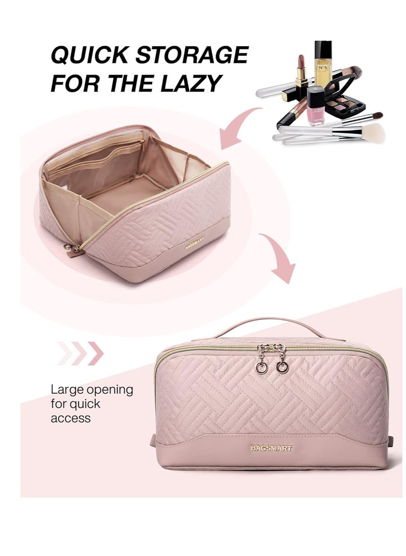 BAGSMART BAGSMART Travel Makeup Bag - Water-Resistant Portable Cosmetic Pouch, Flat Open Organizer for Toiletries and Brushes, Pink  - Image 2