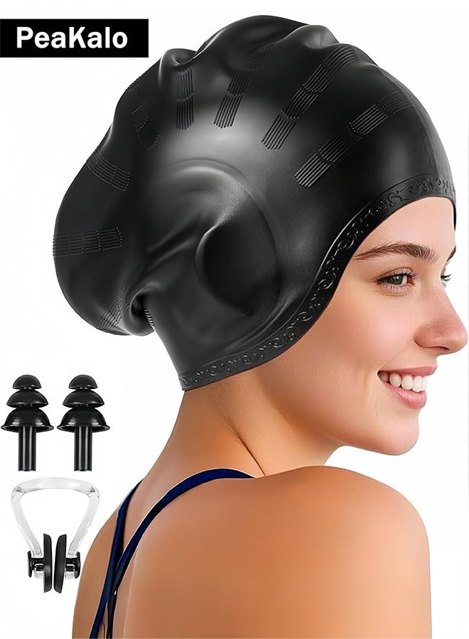 PeaKalo Enlarged Swim  Caps , Men Women Silicone Swimming Caps with 3D Ear Protection, Waterproof Large Swim Hats Bathing Capto Keep Hair Dry  with Ear Plugs Nose Clip - Image 1