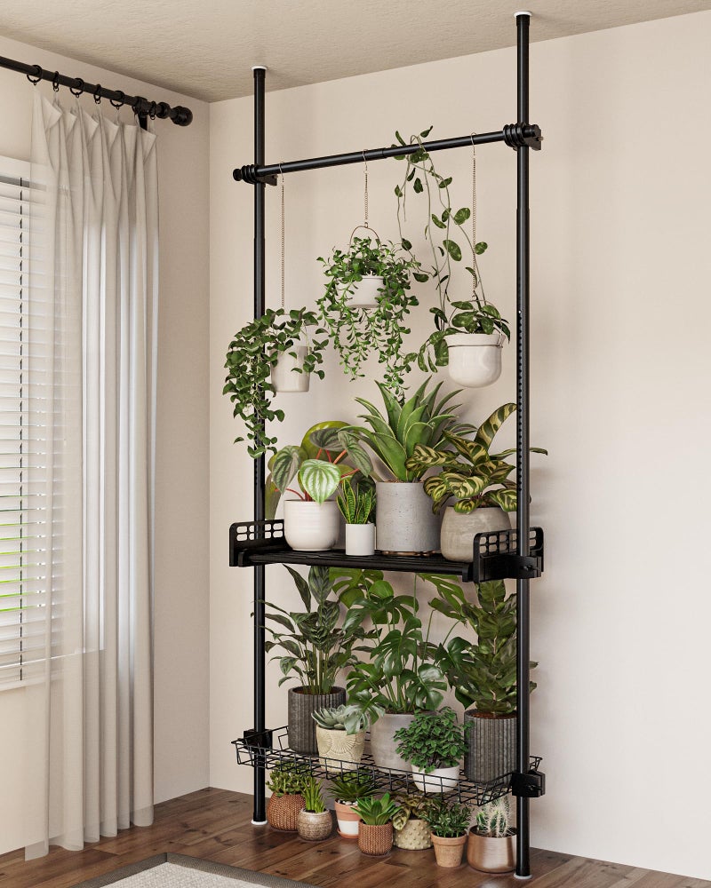 Bamworld Tension Rod Plant Stand Adjustable Hanging Plant Shelf Indoor Tall Plant Pole Stand Floor to Ceiling Pole for Living Room Bedroom Flower Holder For Multiple Plant Pots Display Black - Image 1