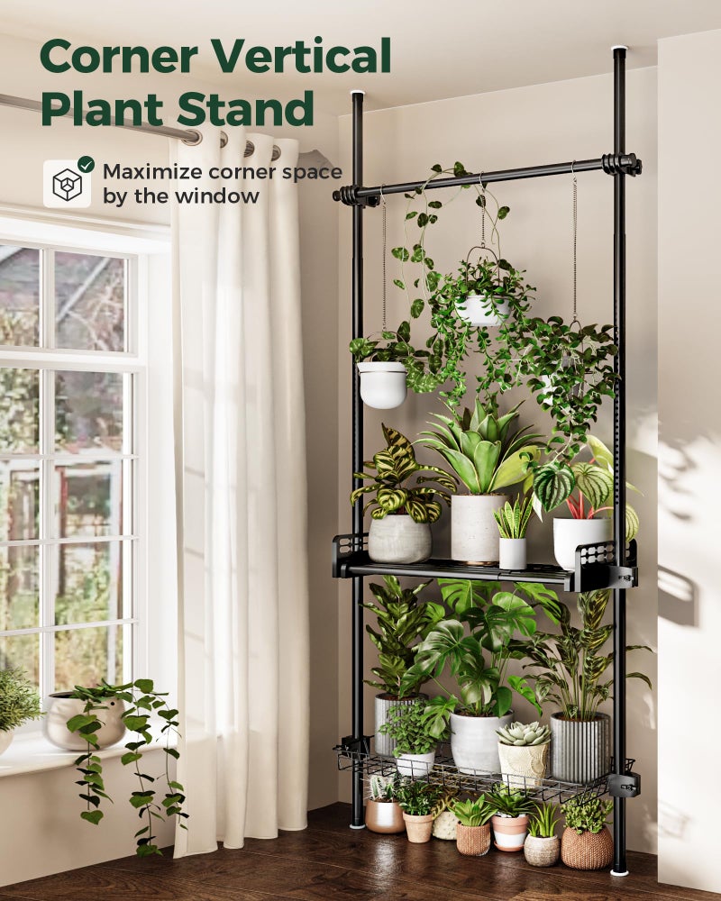 Bamworld Tension Rod Plant Stand Adjustable Hanging Plant Shelf Indoor Tall Plant Pole Stand Floor to Ceiling Pole for Living Room Bedroom Flower Holder For Multiple Plant Pots Display Black - Image 4