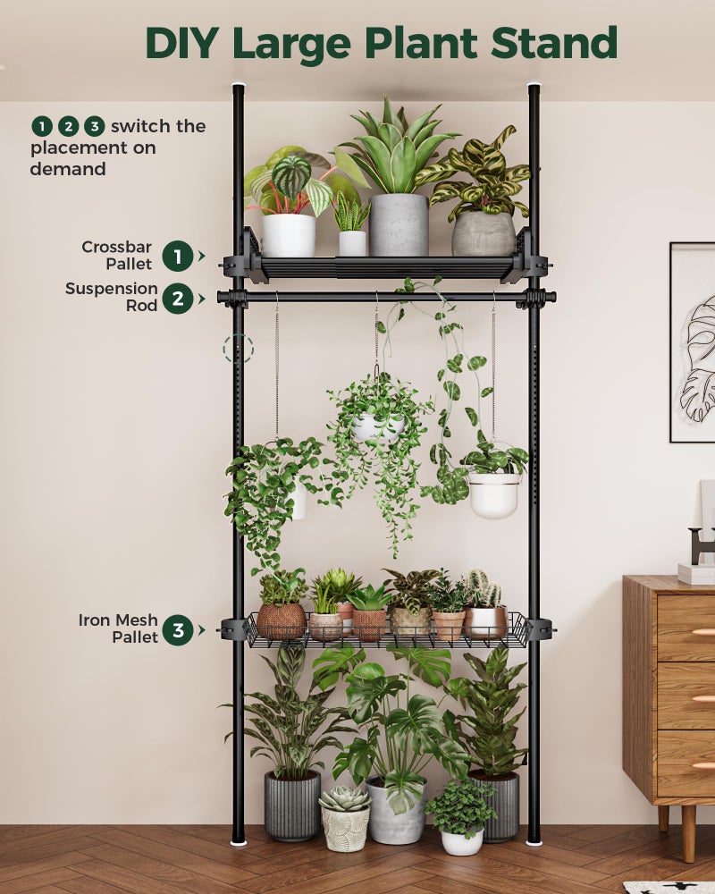 Bamworld Tension Rod Plant Stand Adjustable Hanging Plant Shelf Indoor Tall Plant Pole Stand Floor to Ceiling Pole for Living Room Bedroom Flower Holder For Multiple Plant Pots Display Black - Image 3