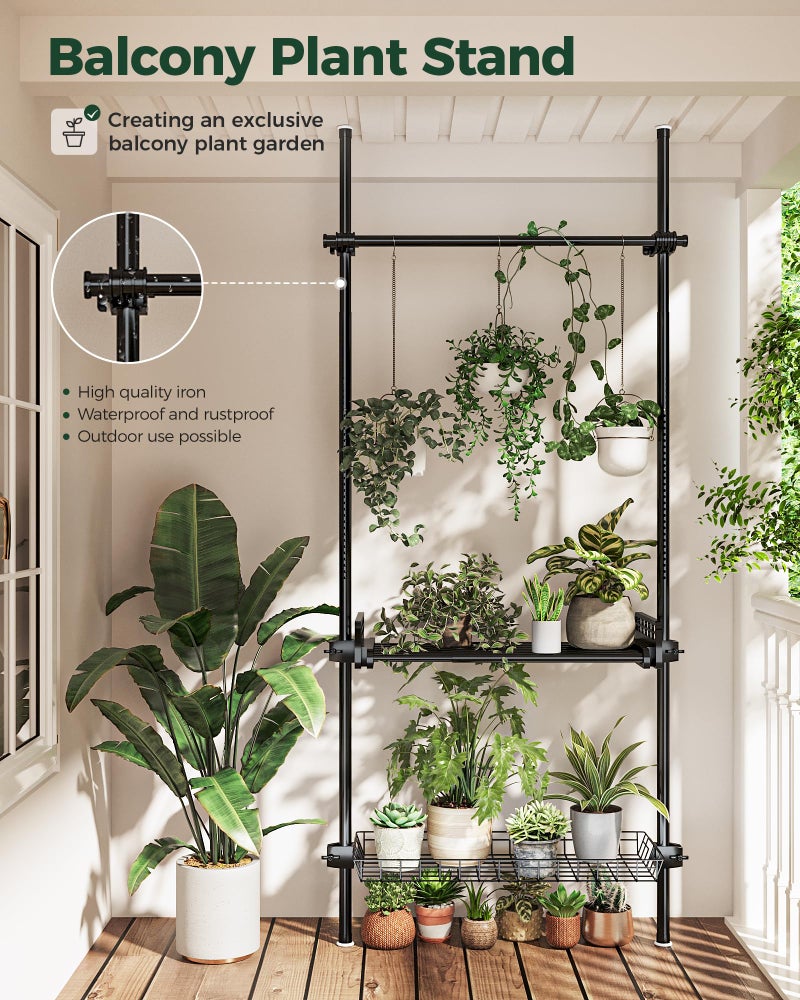 Bamworld Tension Rod Plant Stand Adjustable Hanging Plant Shelf Indoor Tall Plant Pole Stand Floor to Ceiling Pole for Living Room Bedroom Flower Holder For Multiple Plant Pots Display Black - Image 5