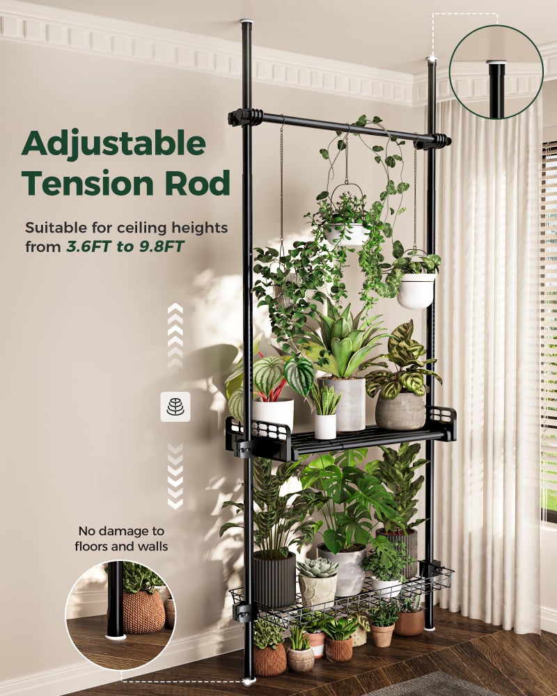 Bamworld Tension Rod Plant Stand Adjustable Hanging Plant Shelf Indoor Tall Plant Pole Stand Floor to Ceiling Pole for Living Room Bedroom Flower Holder For Multiple Plant Pots Display Black - Image 2