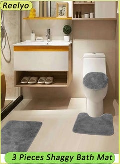 Reelyo Bathroom Rug Sets 3 Piece Non Slip Toilet Lid Cover and Contour Mat Bath Mats Shower Mats Bath Rug Mat for Tub Toilet Bathroom (Grey)  - Image 1