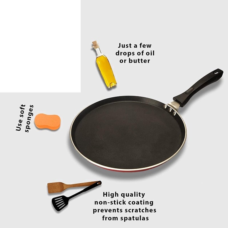 Shopsidex Non-Stick Cookware Dosa Tawa with Induction Base,Long Handle, Virgin Grade Aluminium, Heavy Metals Free, 4mm Thickness, Pearl Red 3 Layers Tawa - Image 4