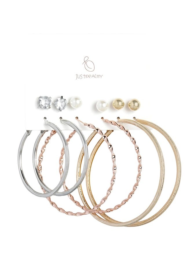 Just Peachy - Just Peachy Gold Toned Earrings for Women & Girls, Ear Bali With 3 Studs for Ladies, Latest Design, White Beads Earrings for Birthdays Gifts, Anniversaries Pack of 3 - Image 1
