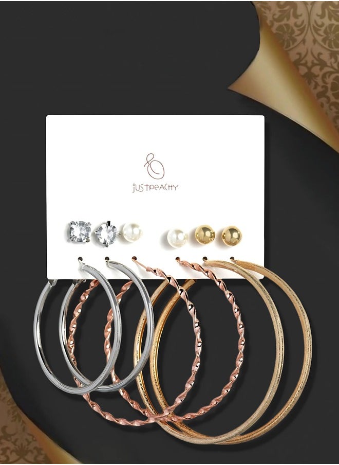 Just Peachy - Just Peachy Gold Toned Earrings for Women & Girls, Ear Bali With 3 Studs for Ladies, Latest Design, White Beads Earrings for Birthdays Gifts, Anniversaries Pack of 3 - Image 1
