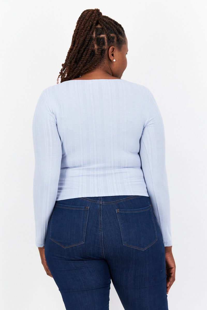 NA-KD Women Scoop Neckline Long Sleeve Ribbed Top, Dusty Blue - Image 3