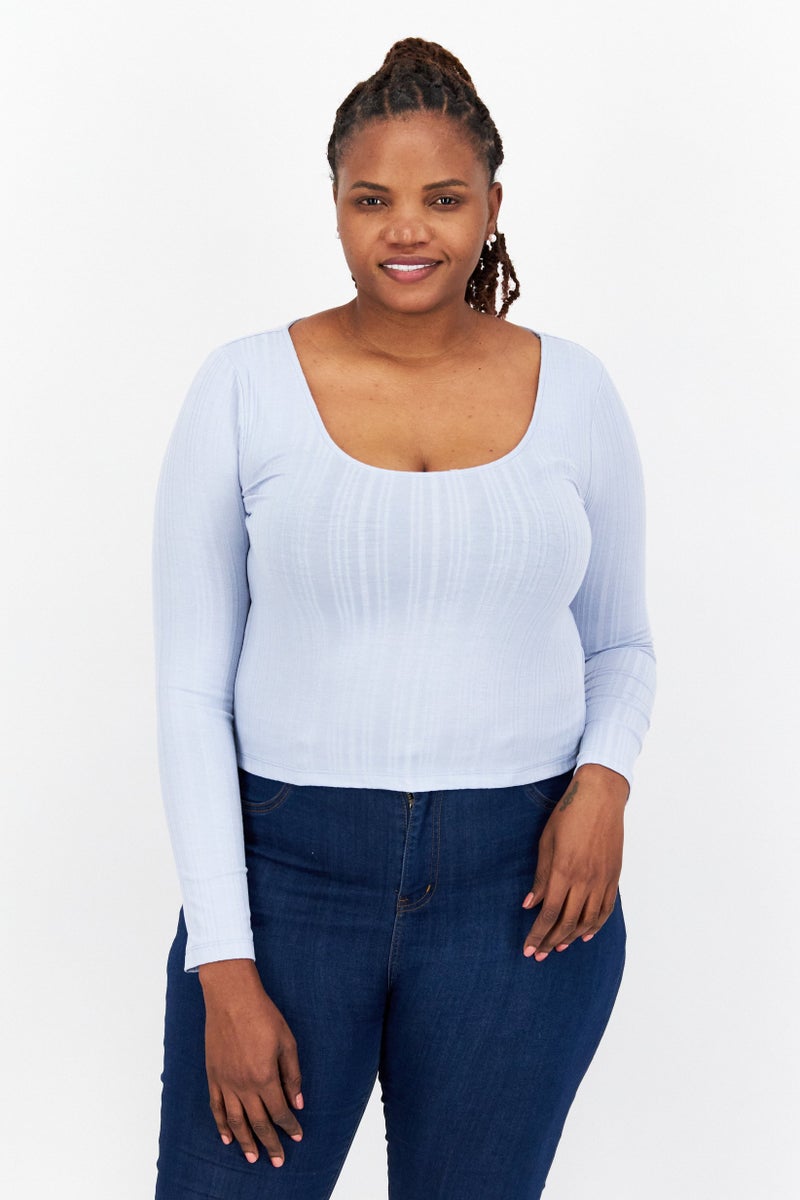 NA-KD Women Scoop Neckline Long Sleeve Ribbed Top, Dusty Blue - Image 1