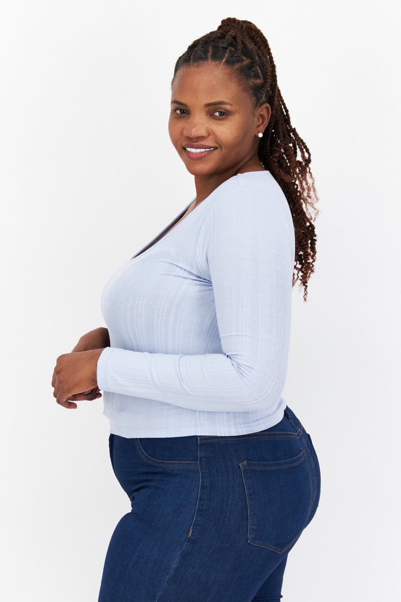 NA-KD Women Scoop Neckline Long Sleeve Ribbed Top, Dusty Blue - Image 2