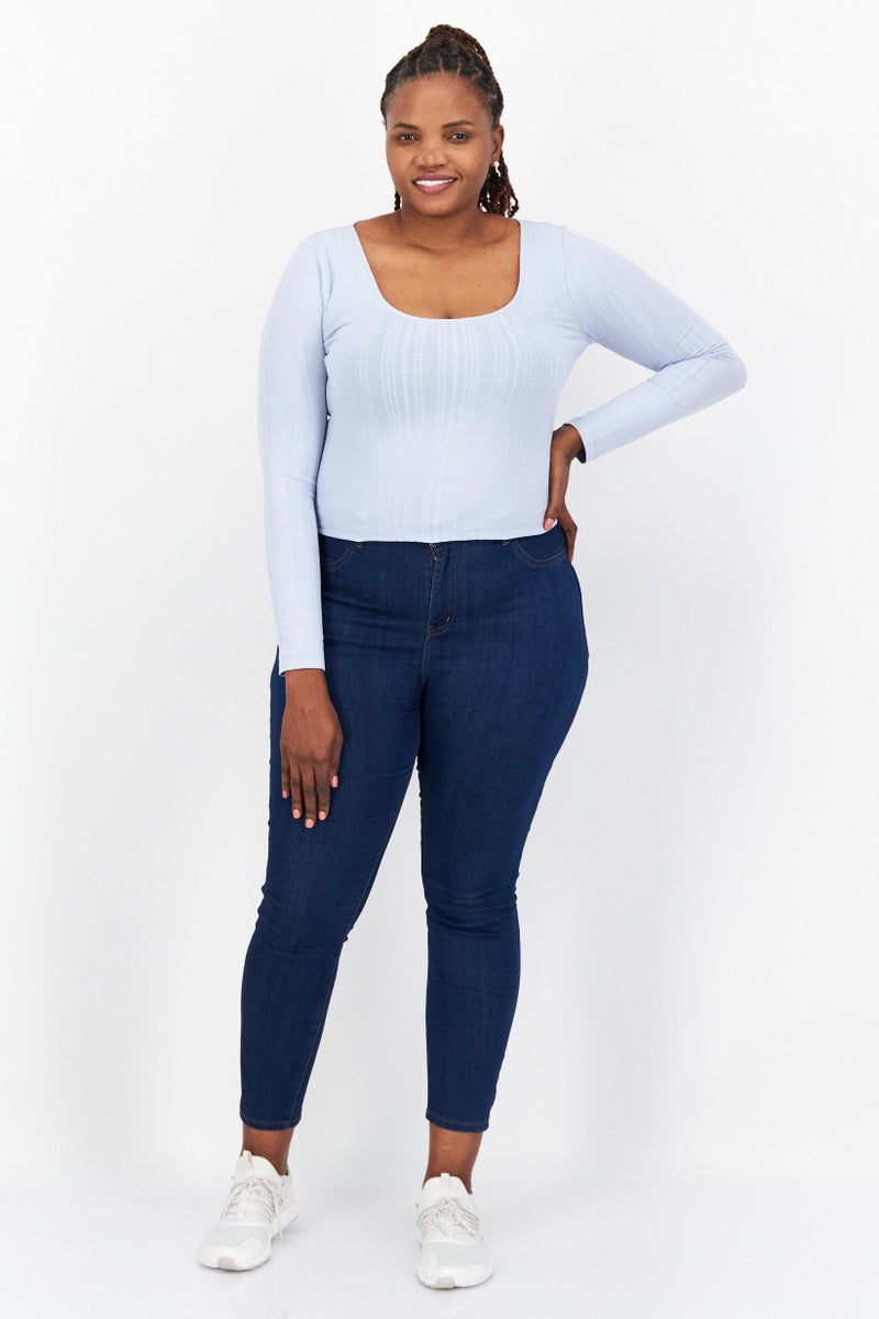 NA-KD Women Scoop Neckline Long Sleeve Ribbed Top, Dusty Blue - Image 4