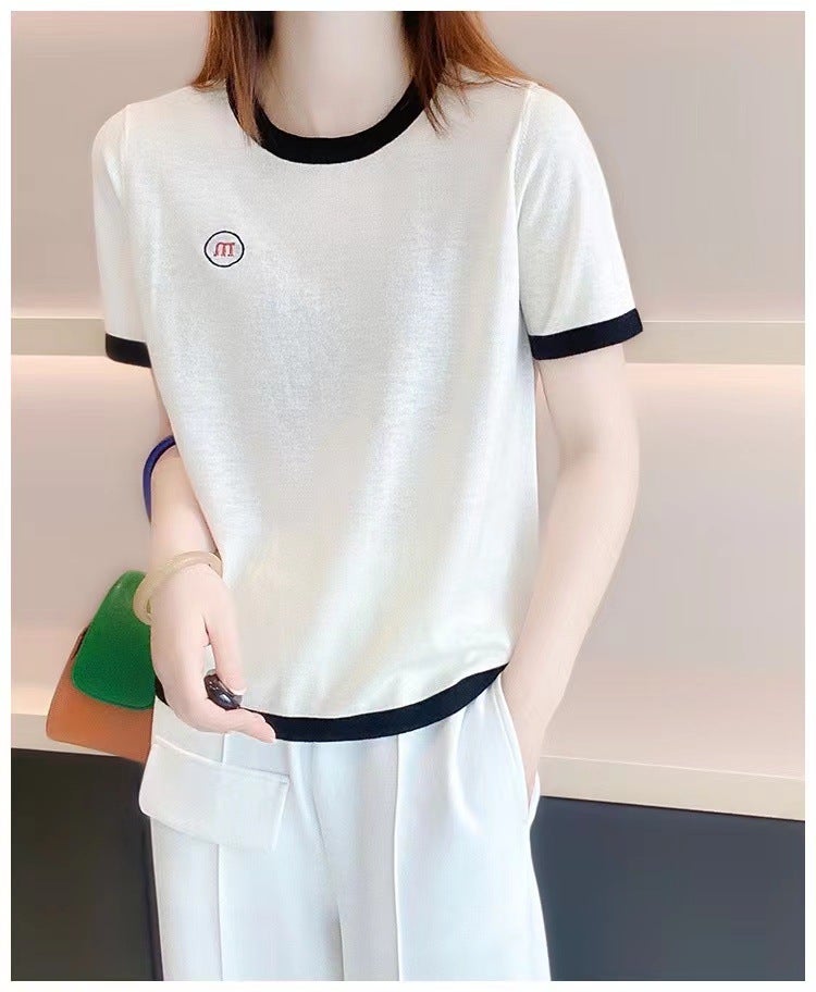 Summer Thin Worsted Pure Wool Short-sleeved T-shirt Women's Round Neck M-shaped Embroidered Knitted Half-sleeved Tencel Top Base Shirt - Image 1