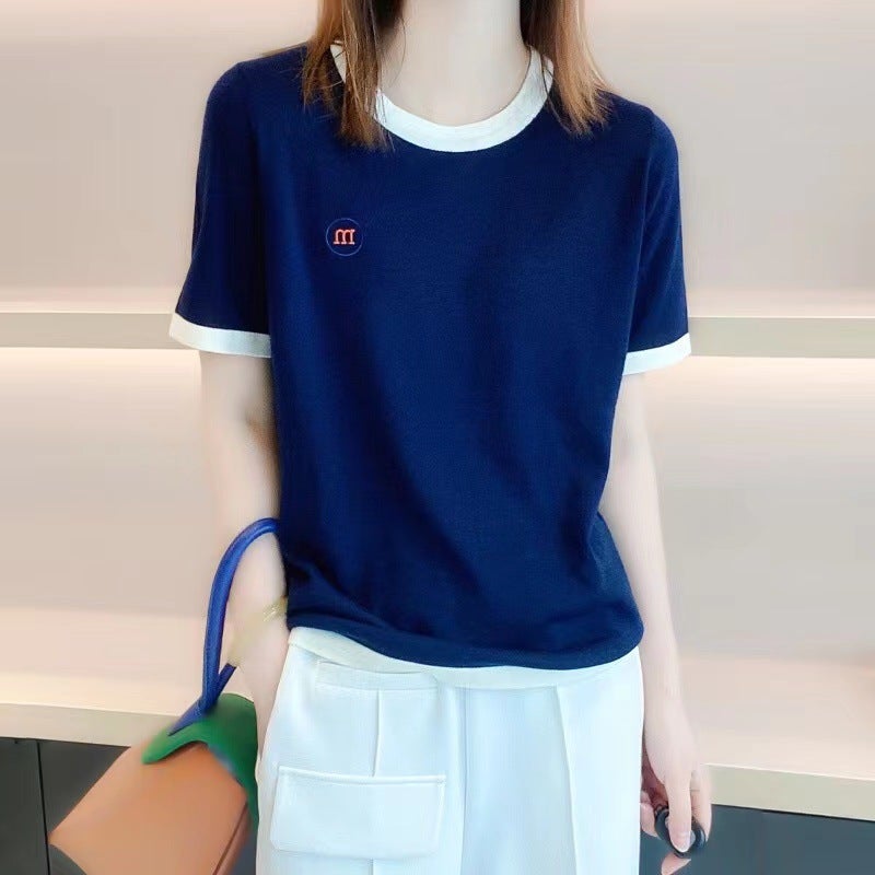 Summer Thin Worsted Pure Wool Short-sleeved T-shirt Women's Round Neck M-shaped Embroidered Knitted Half-sleeved Tencel Top Base Shirt - Image 4