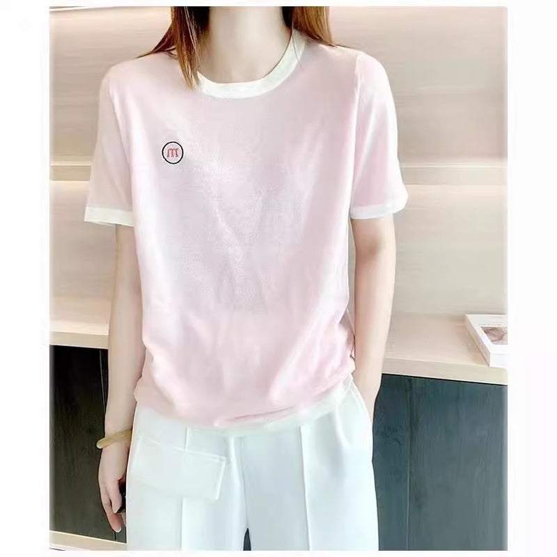 Summer Thin Worsted Pure Wool Short-sleeved T-shirt Women's Round Neck M-shaped Embroidered Knitted Half-sleeved Tencel Top Base Shirt - Image 3