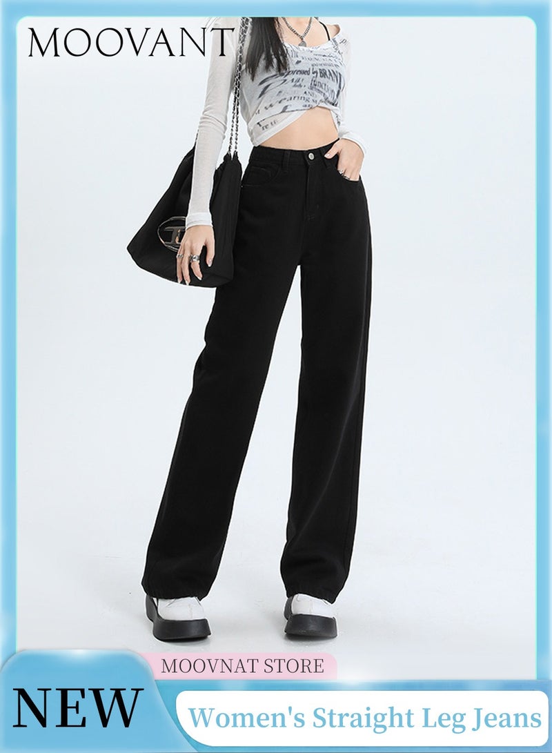 Moovant Women's Denim Pants, Soft Comfortable Jeans, High-waisted Straight Leg Jeans, High Elastic Loose Casual Pants, Black - Image 1