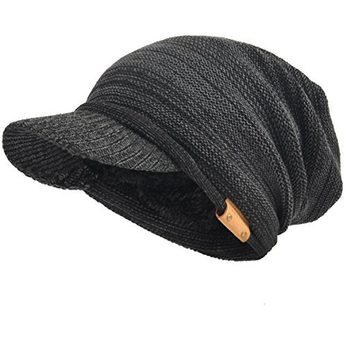 VECRY Mens Womens Thick Fleece Lined Knit Newsboy Cap Slouch Beanie Hat with Visor (Dark Grey) - Image 5