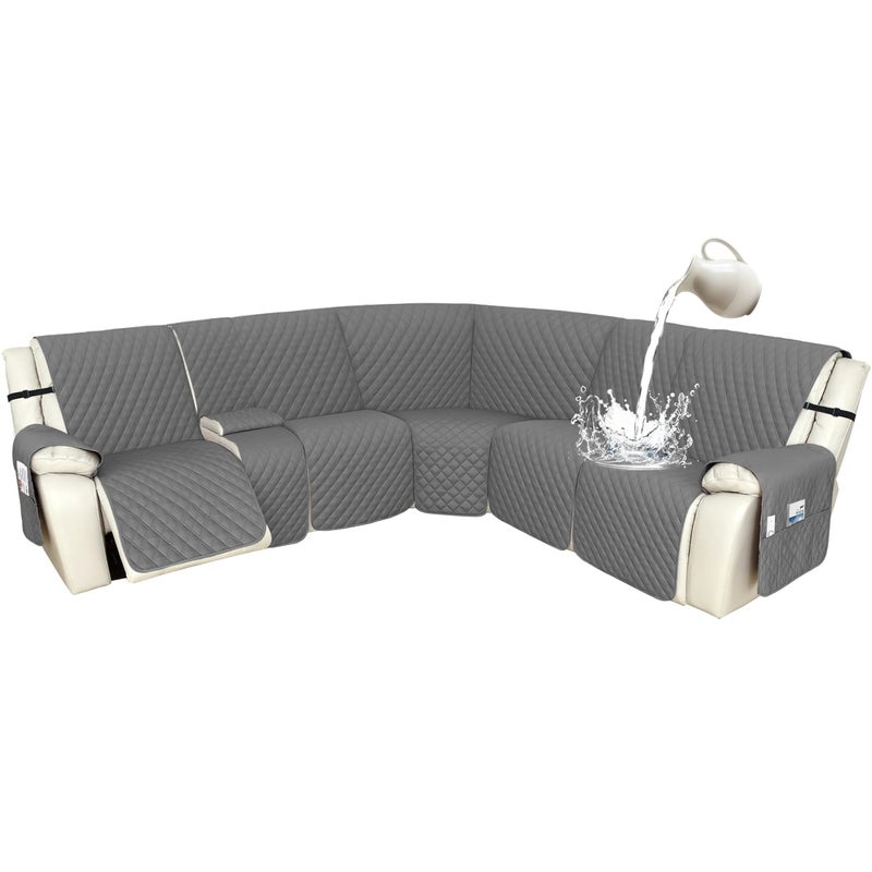 Arfntevss Recliner Sectional Couch Covers 1OO% Waterproof L Shape Sofa Cover for Reclining L Shaped Sectional Slipcover Dog Washable Corner Non Slip Protector (5 Seater with 1 Console, Dark Gray) - Image 1