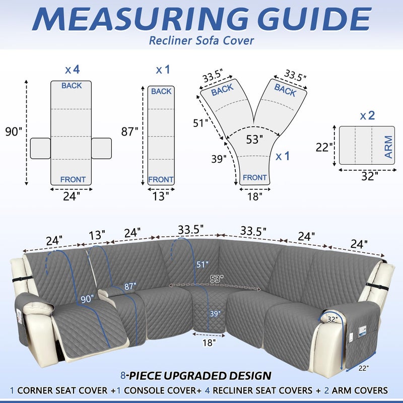 Arfntevss Recliner Sectional Couch Covers 1OO% Waterproof L Shape Sofa Cover for Reclining L Shaped Sectional Slipcover Dog Washable Corner Non Slip Protector (5 Seater with 1 Console, Dark Gray) - Image 2