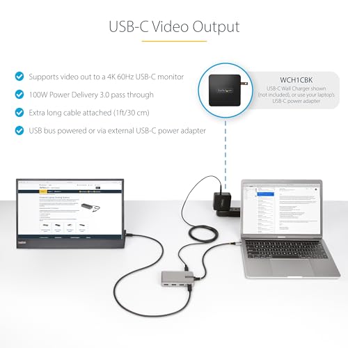 StarTech.com 4-Port USB-C Hub with USB-C DP Alt Mode Video Output 4K 60Hz - 3x USB-A, 1x USB Type-C, 100W Power Delivery Pass-Through, USB 3.2 10Gbps, 1ft/30cm Cable, Portable USB Hub (HB31C3A1CDPPD3) - Image 3