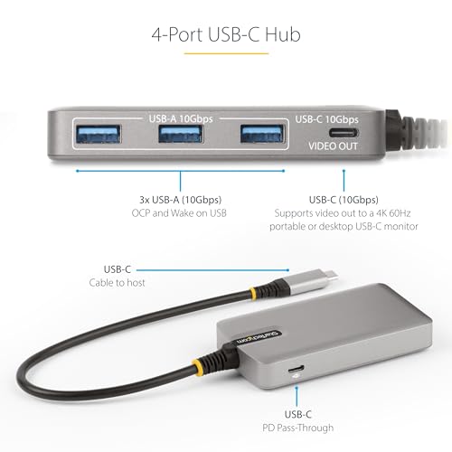 StarTech.com 4-Port USB-C Hub with USB-C DP Alt Mode Video Output 4K 60Hz - 3x USB-A, 1x USB Type-C, 100W Power Delivery Pass-Through, USB 3.2 10Gbps, 1ft/30cm Cable, Portable USB Hub (HB31C3A1CDPPD3) - Image 4