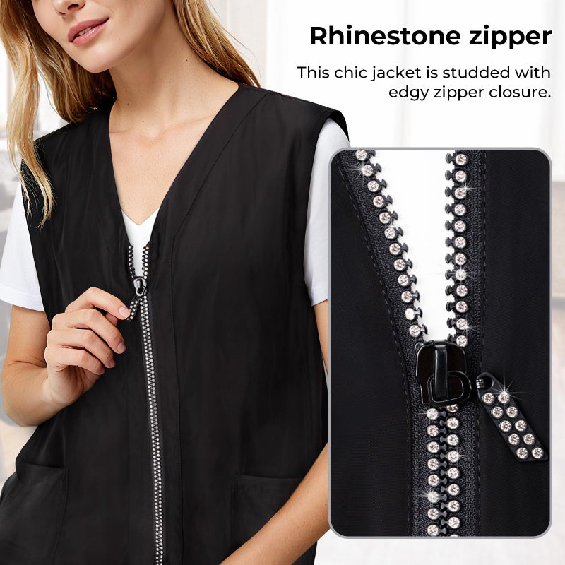 Noverlife Glitz Rhinestone Closure Stylist Vest, V-Neckline Baber Smock, Washable Hairdresser Apron Uniform for Unisex with 2 Lower Pockets, Zip Up Vest Sleeveless Outerwear, Stain & Hair Against Salon Jacket - Image 2