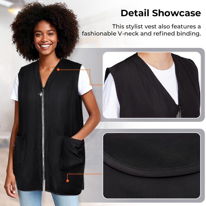 Noverlife Glitz Rhinestone Closure Stylist Vest, V-Neckline Baber Smock, Washable Hairdresser Apron Uniform for Unisex with 2 Lower Pockets, Zip Up Vest Sleeveless Outerwear, Stain & Hair Against Salon Jacket - Image 3