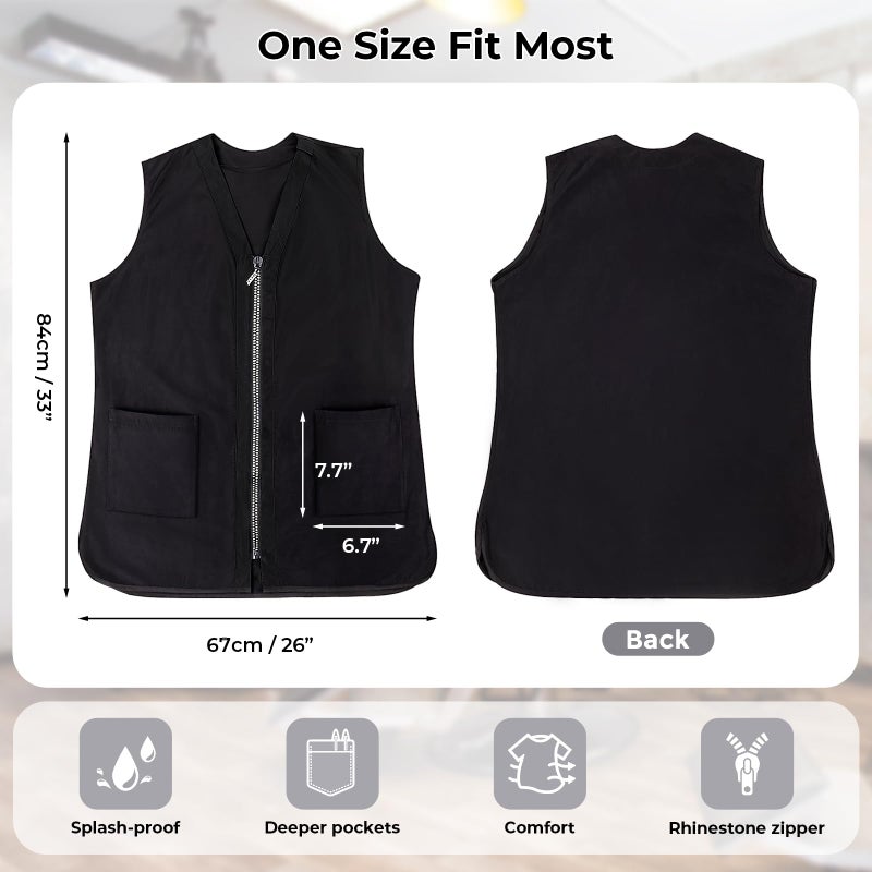Noverlife Glitz Rhinestone Closure Stylist Vest, V-Neckline Baber Smock, Washable Hairdresser Apron Uniform for Unisex with 2 Lower Pockets, Zip Up Vest Sleeveless Outerwear, Stain & Hair Against Salon Jacket - Image 4