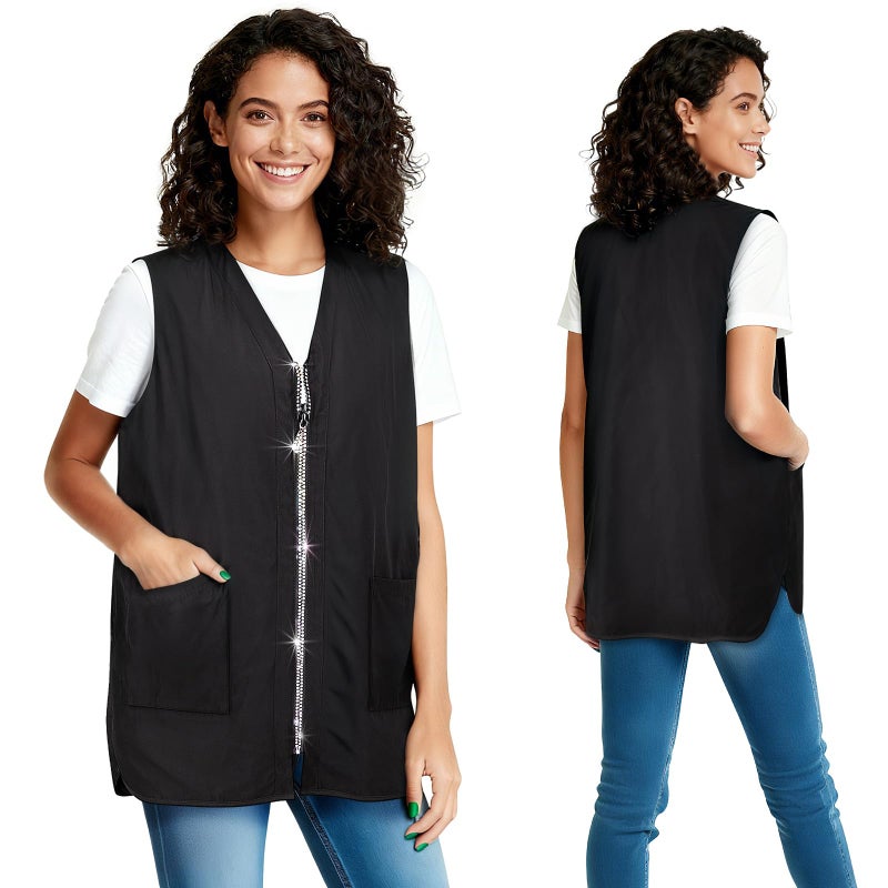 Noverlife Glitz Rhinestone Closure Stylist Vest, V-Neckline Baber Smock, Washable Hairdresser Apron Uniform for Unisex with 2 Lower Pockets, Zip Up Vest Sleeveless Outerwear, Stain & Hair Against Salon Jacket - Image 1